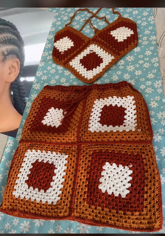Ensemble Crochet Carreaux Marron - Haut + Jupe